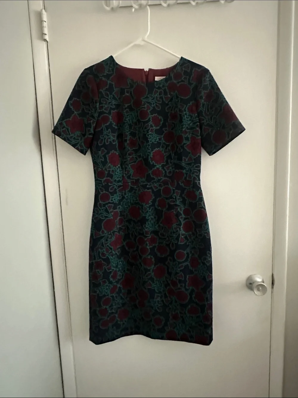J. Crew Burgundy Floral Sheath Dress with Teal Accents